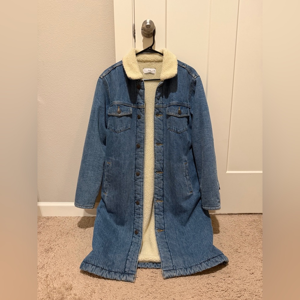 Aritzia Denim Long Coat with Cream Sherpa Collar